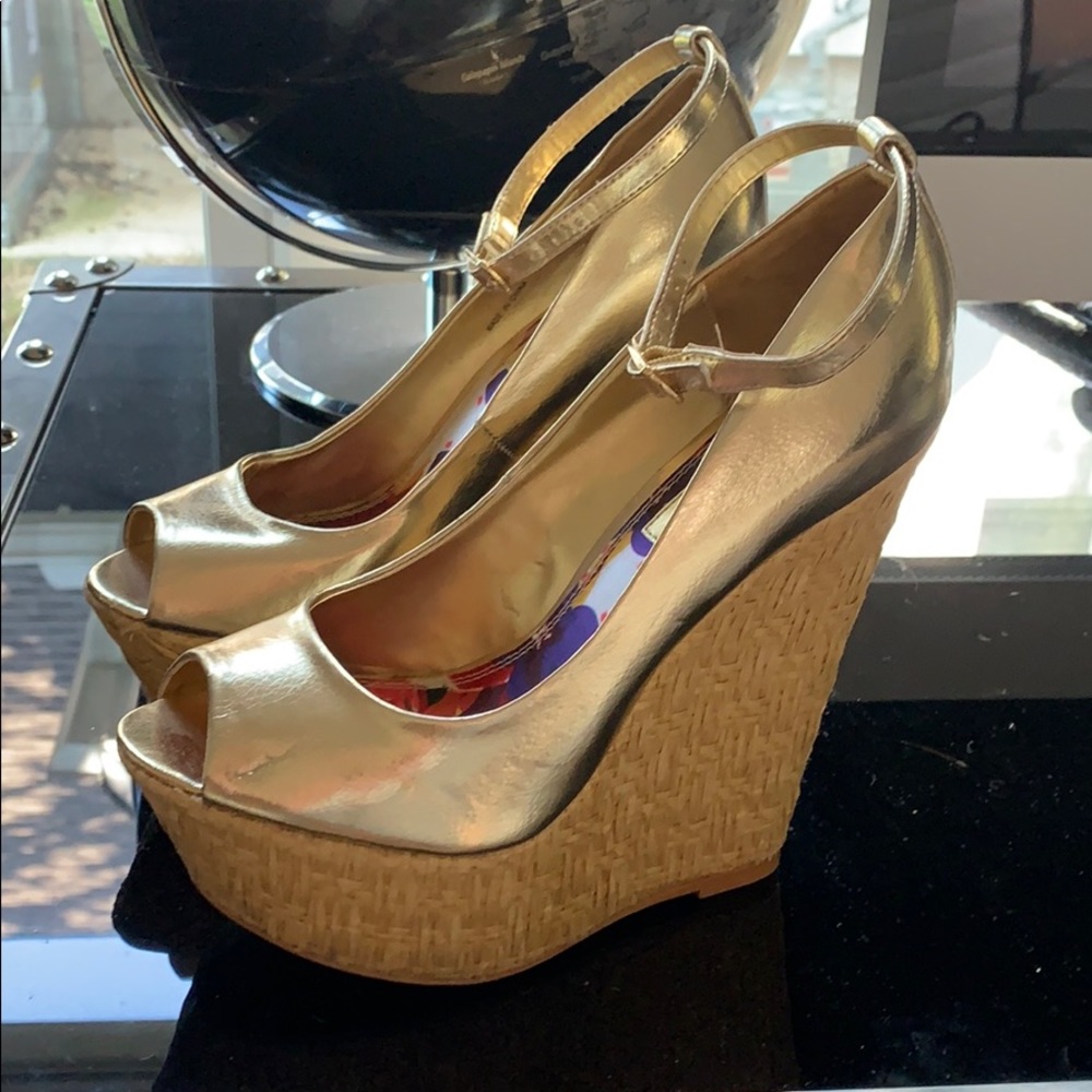 Bebe golden high heel wedges